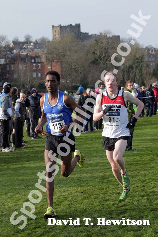 Weynay Ghebresilasie (Sunderland) and Calum Johnson (Gateshead) during the 2013 Durham Cathedral Relays senior mens race.